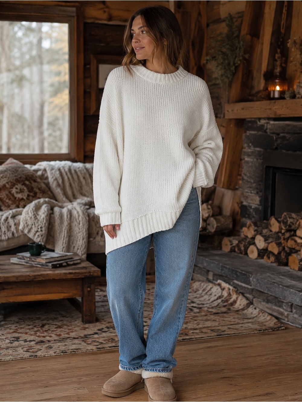 Aerie Oversized Chenille Knit Sweater Ivory Cream M/M
